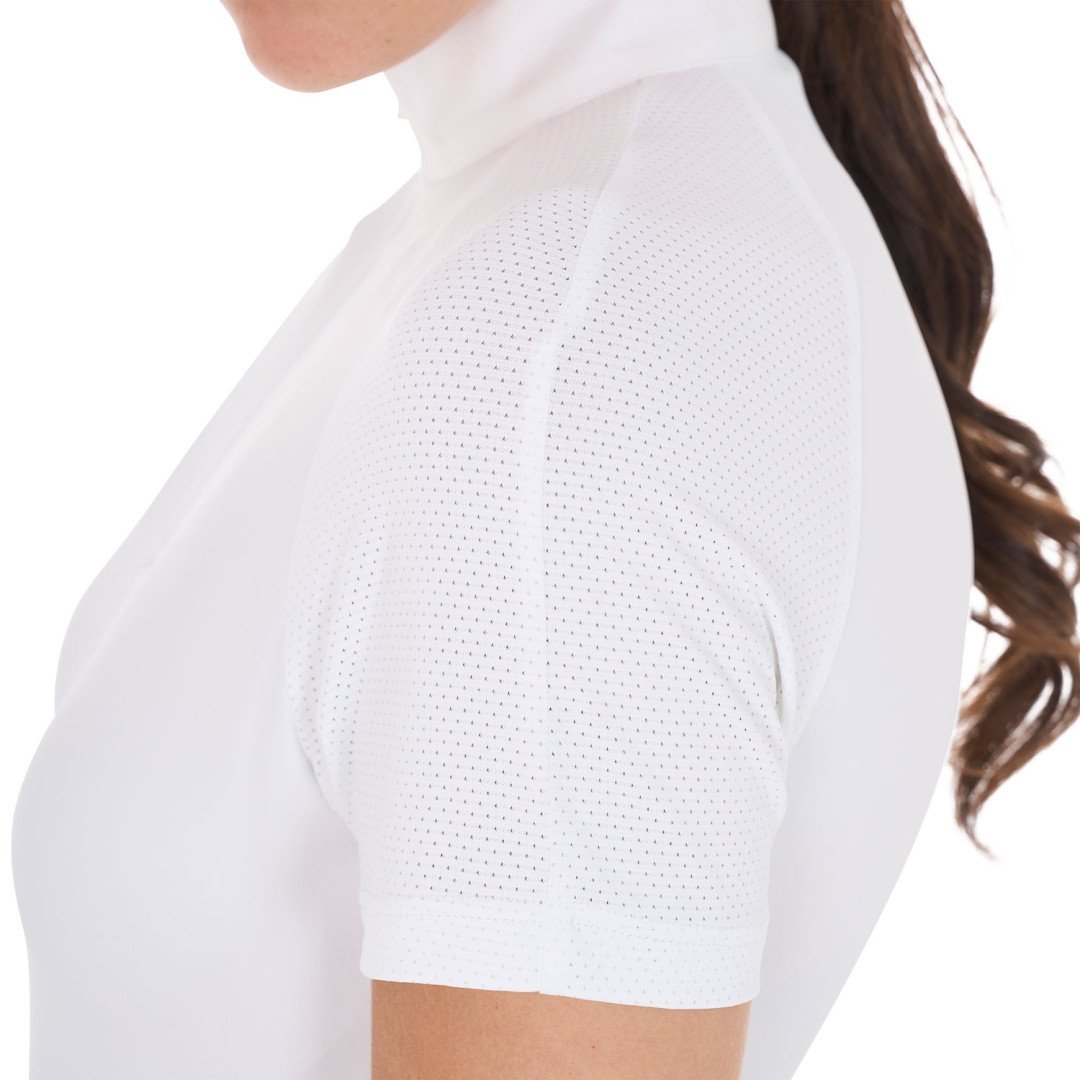 Women's Short Sleeve Zip-Up Mesh Polo Shirt, Taline Model