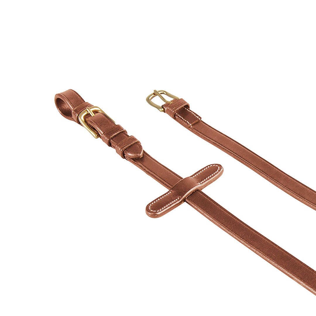 Rédeas Equestro couro italiano, borracha, 19 cm, modelo Kris, com acessórios em latão.