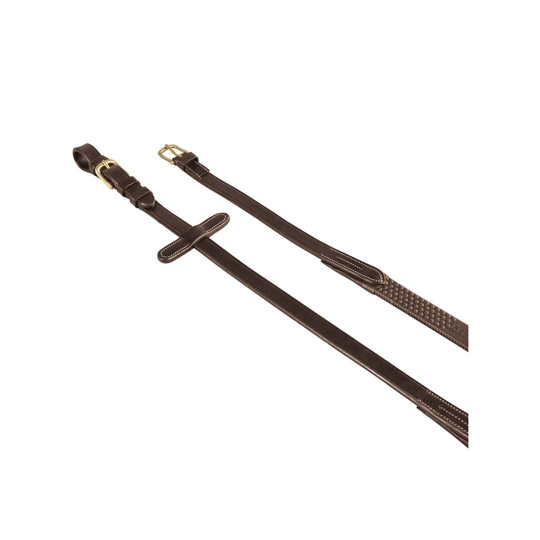 Rédeas Equestro couro italiano, borracha, 19 cm, modelo Kris, com acessórios em latão.