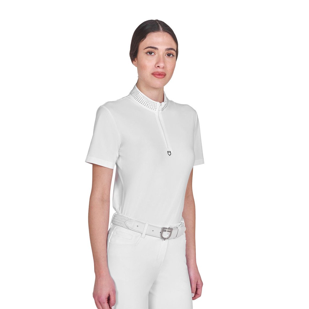 Polo training donna slim fit con zip e strass sul colletto