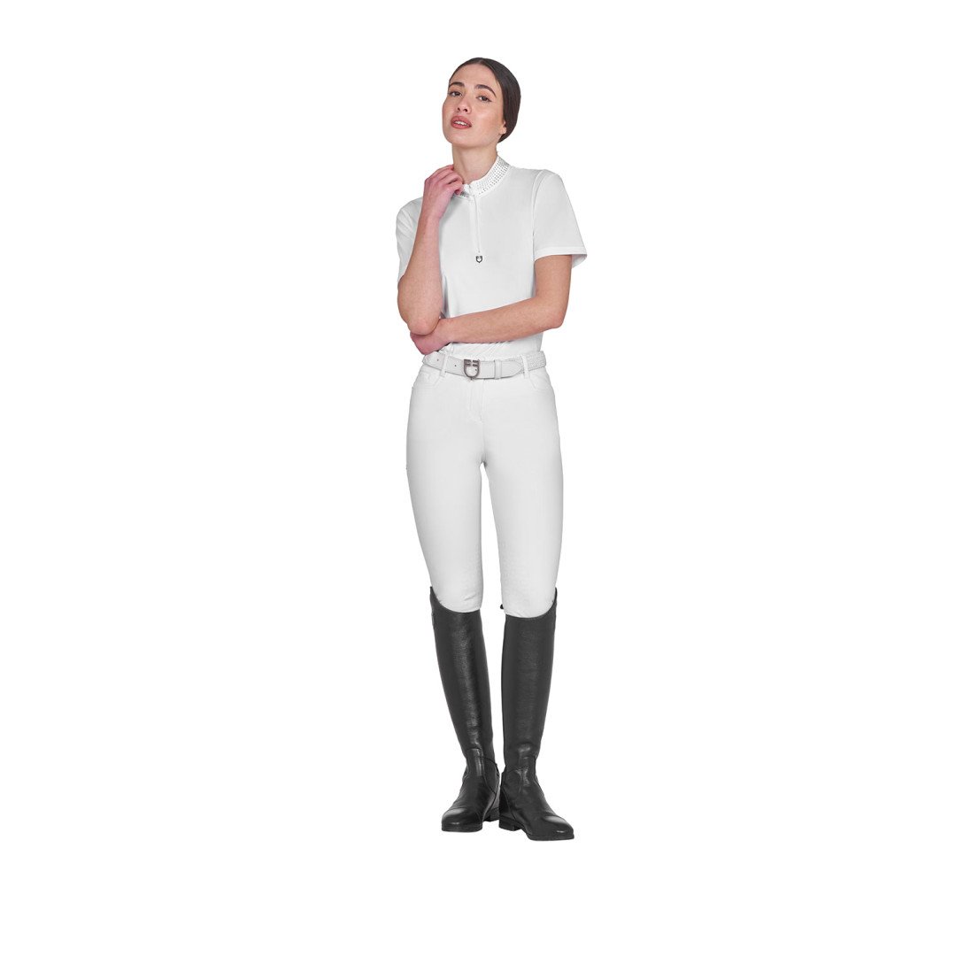 Polo training donna slim fit con zip e strass sul colletto