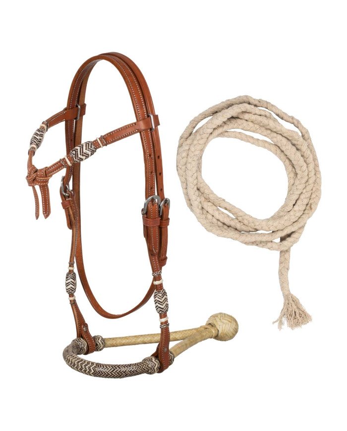 Set de rênes bosal en cuir brut naturel et noir avec rênes mecate en